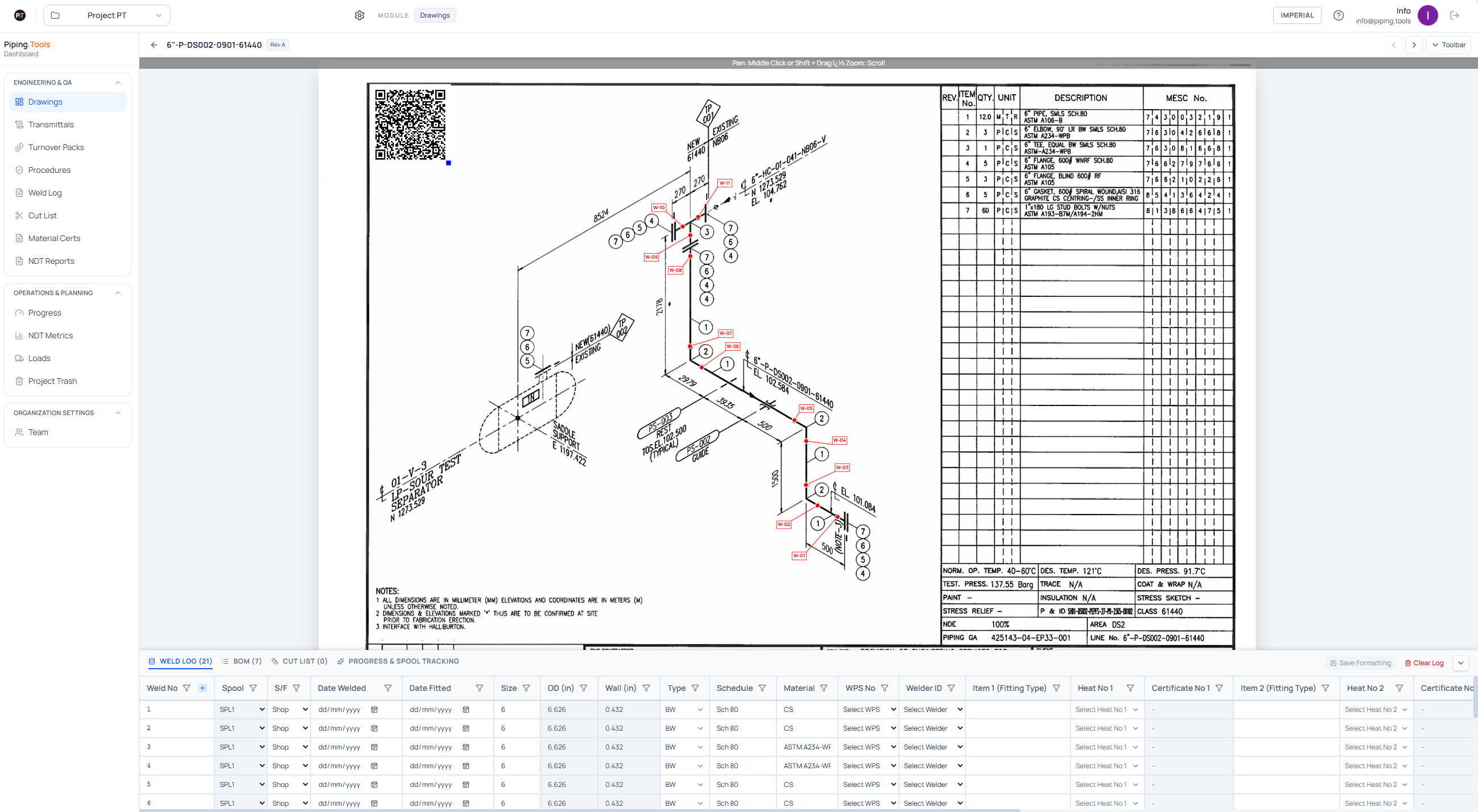 Piping.Tools dashboard layout for drawing markup and weld tracking